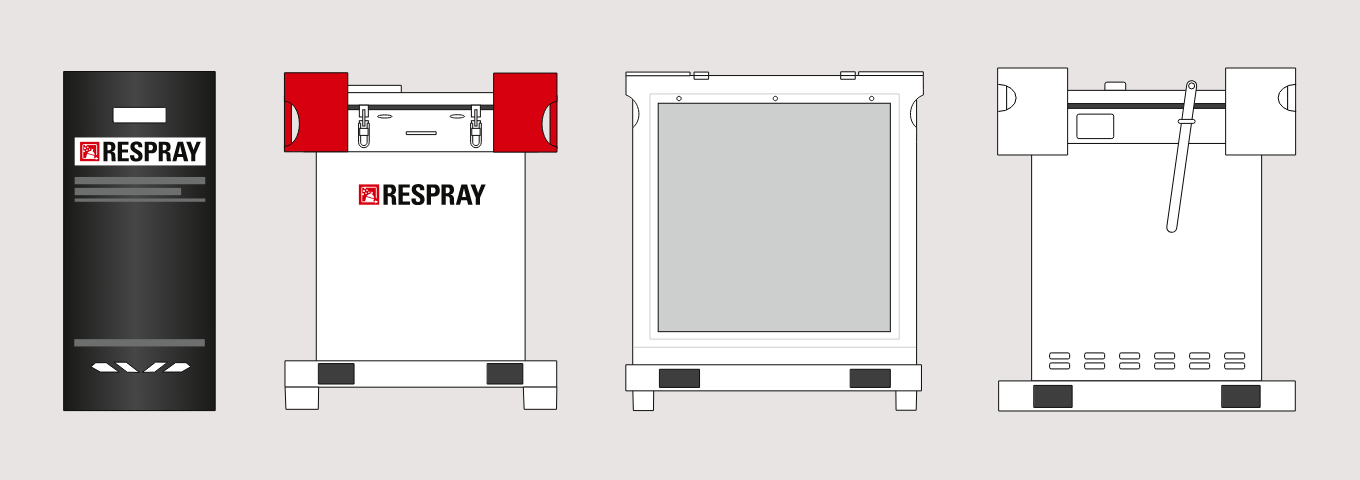 Grafik mit vier unterschiedlich großen Spezialbehältern zur sicheren Sammlung und Entsorgung von Spraydosen